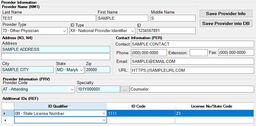 The "Provider Information" section with filled out fields.
