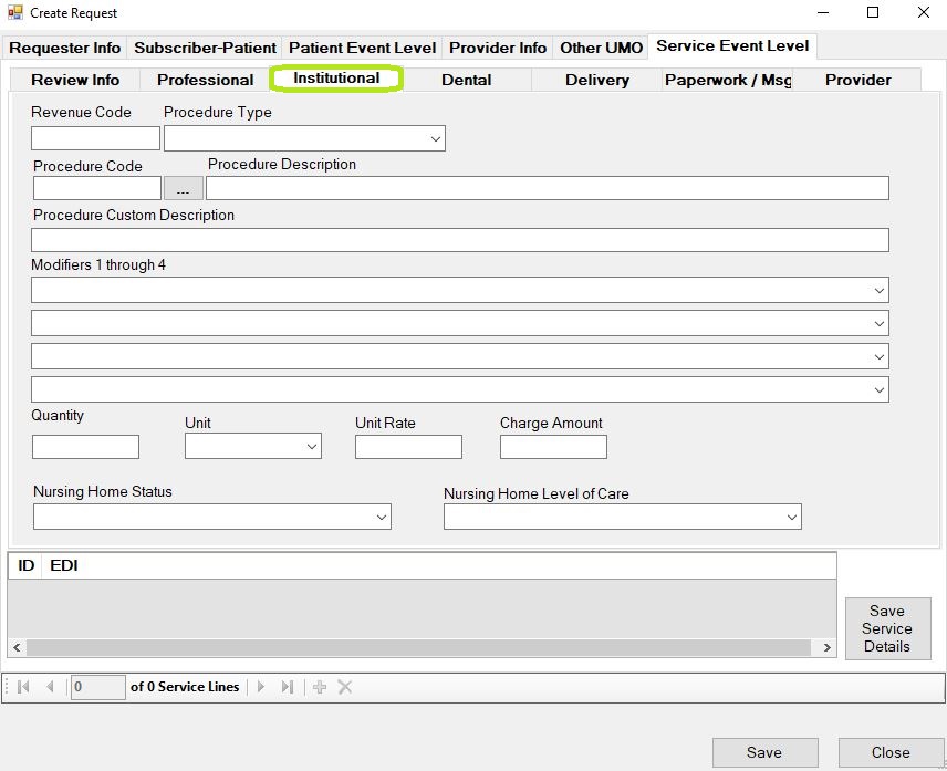 The "Institutional" screen.