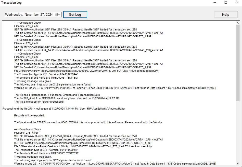 The "Transaction Log" window with results.