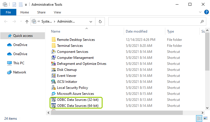 The ODBC settings are in the "Administrative Tools" folder.