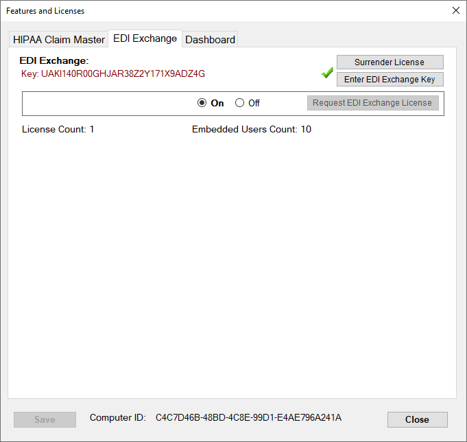 The "EDI Exchange" tab is in the "Features and Licenses" window.