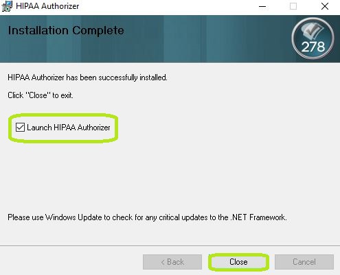 This window confirms the installation of the updated HIPAA Authorizer application.