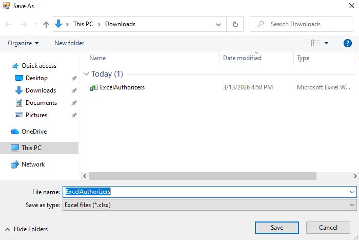 Select the location to save the spreadsheet.