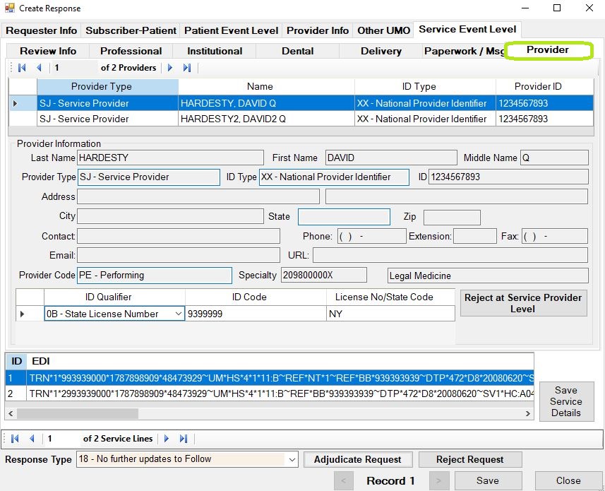 The service line level provider screen.
