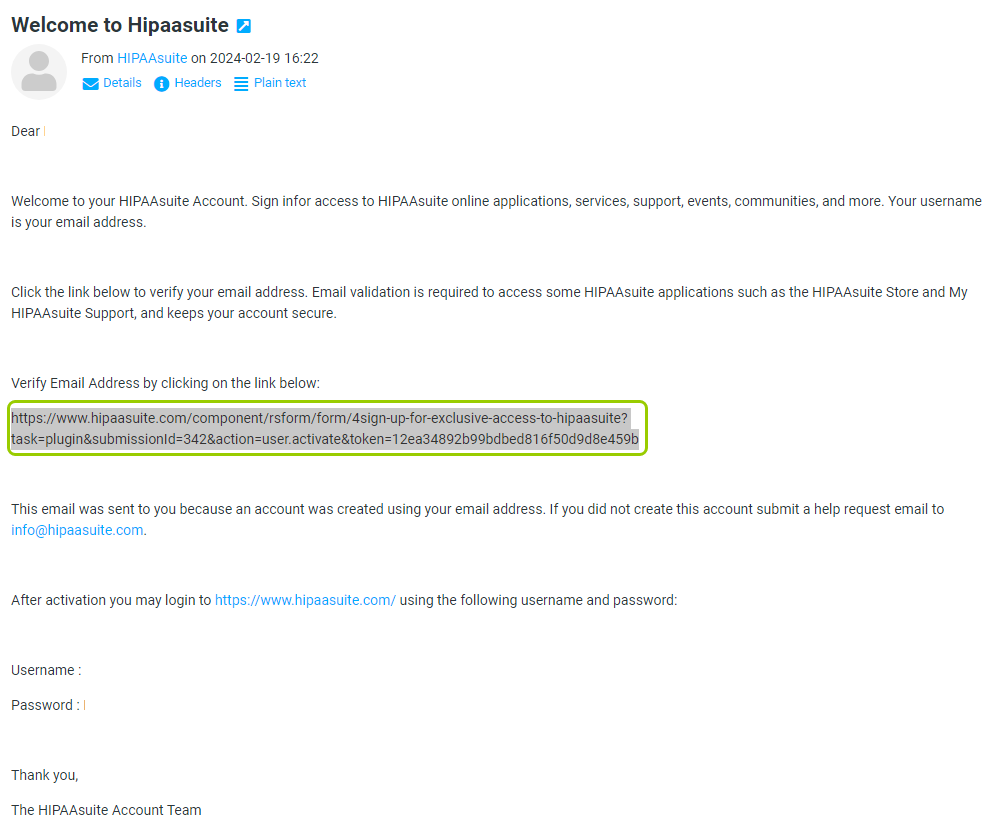 A sample email message with a verification link.