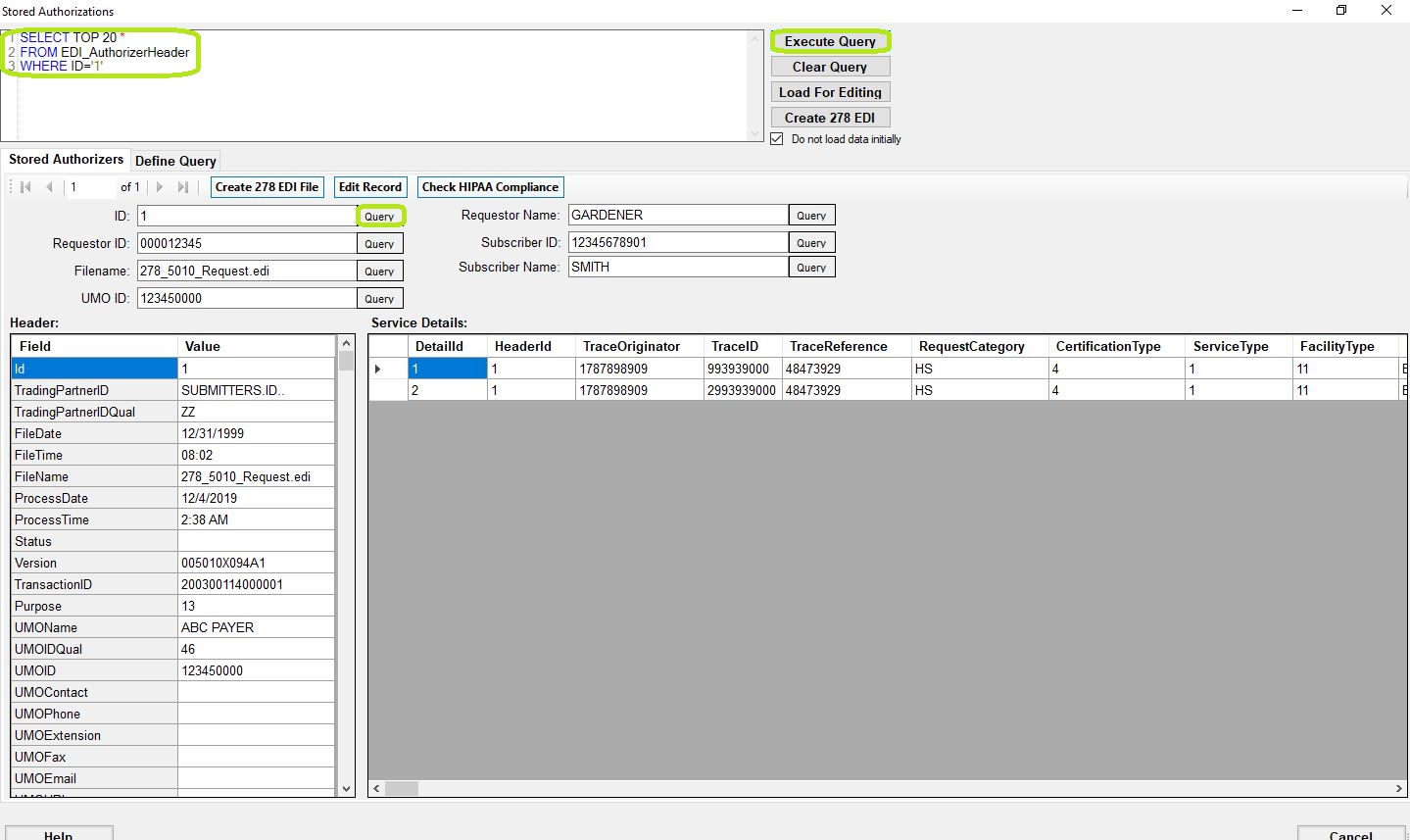 The "Stored Authorizations" window is showing a claim from the database.