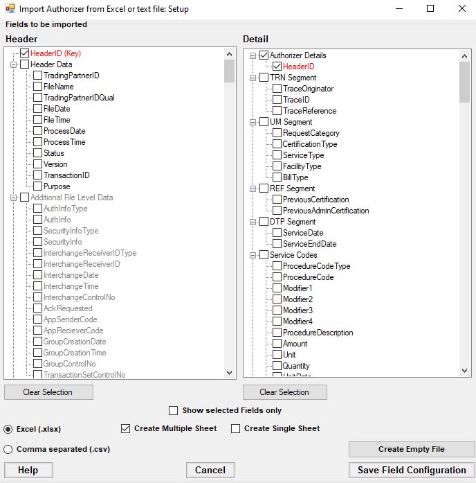 The "Import claims from excel or text file: setup" window.