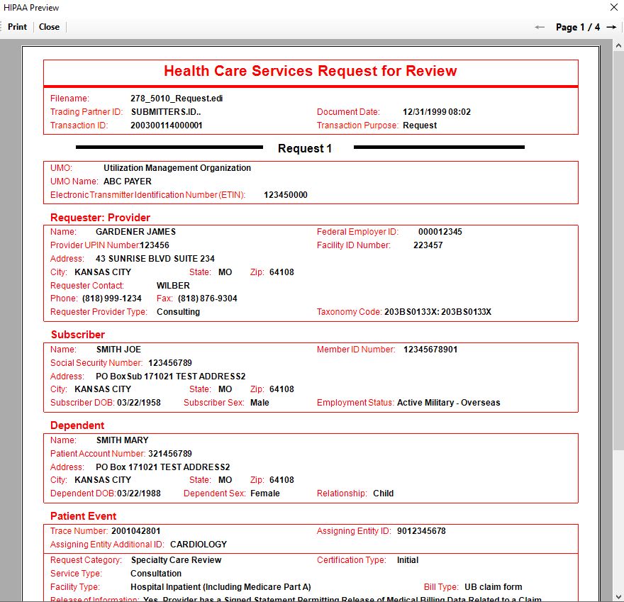 The form to view a 278 Authorization request.