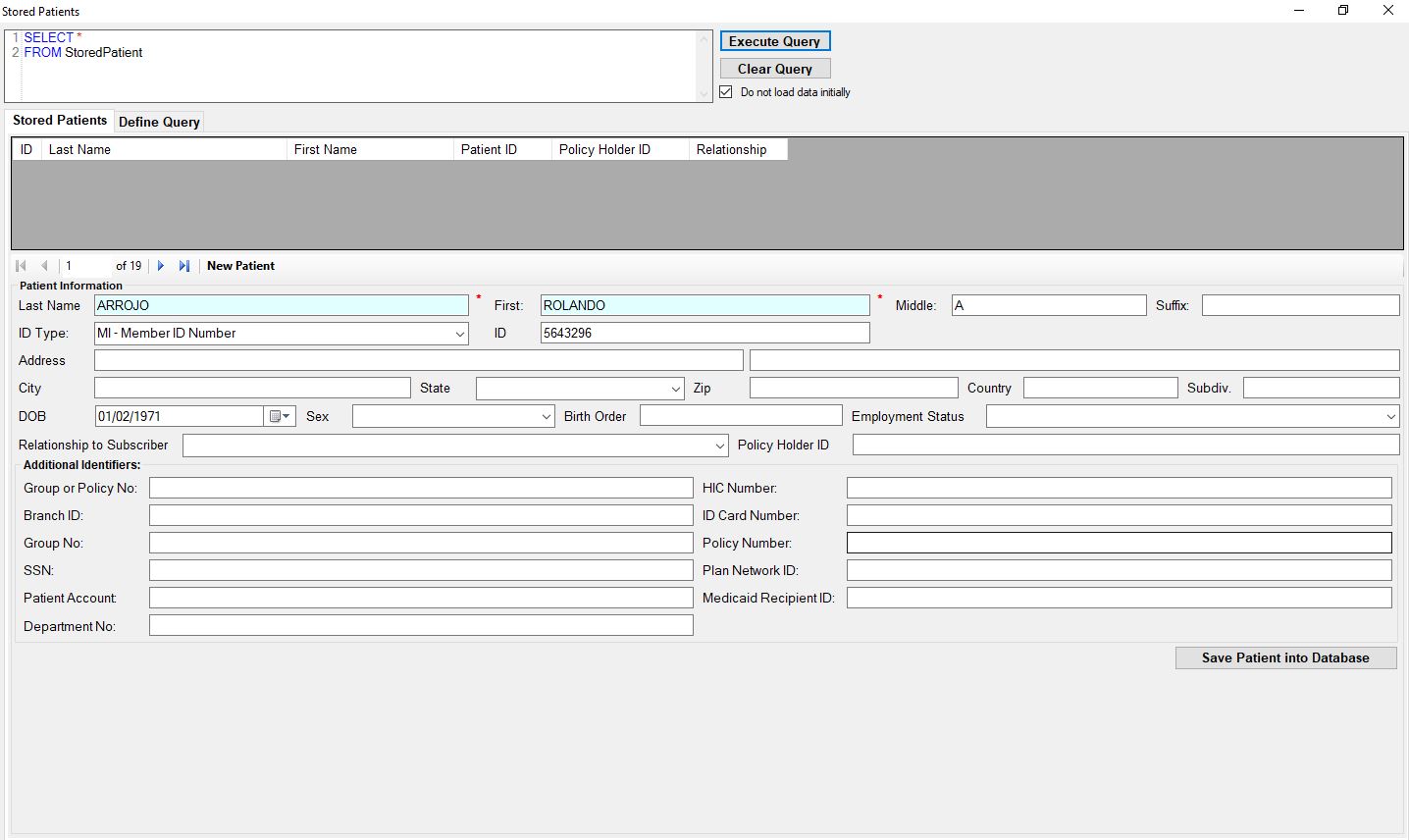 "Stored Patient" window.