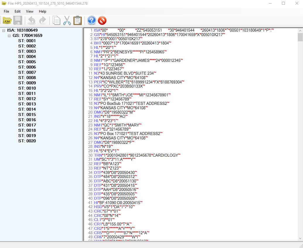 EDI file preview window.