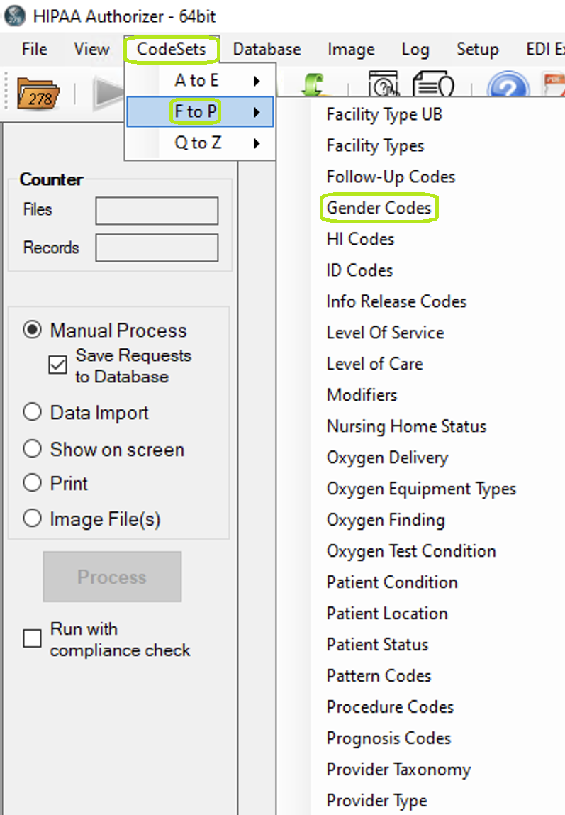 The "Gender Codes" option is under the "F to P" sub-menu.