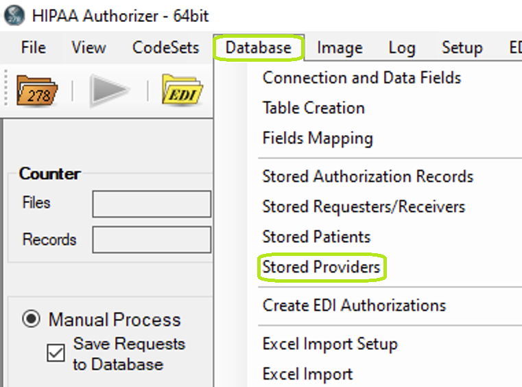 "Stored Providers" under "Manual Entry" in the main menu.