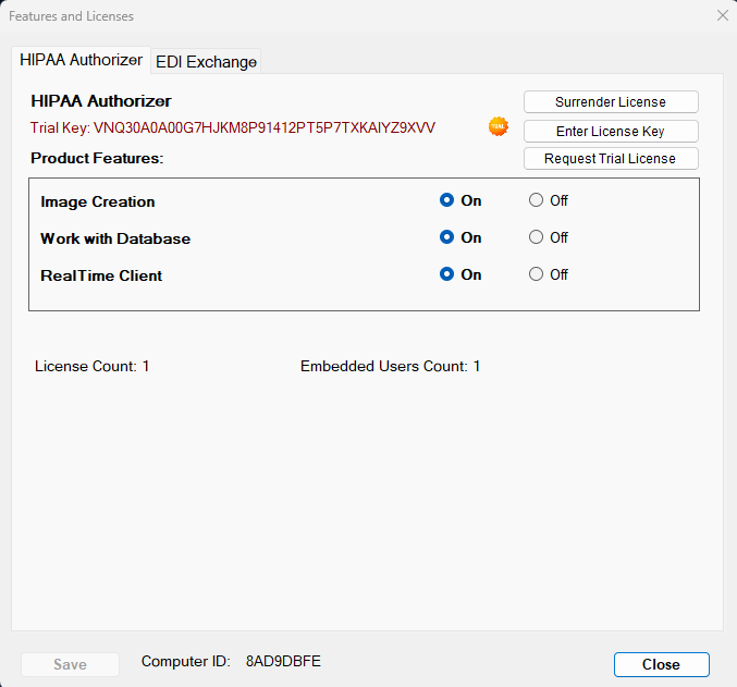 The "Features and Licenses" window provides different options to customize the application and add-ons.