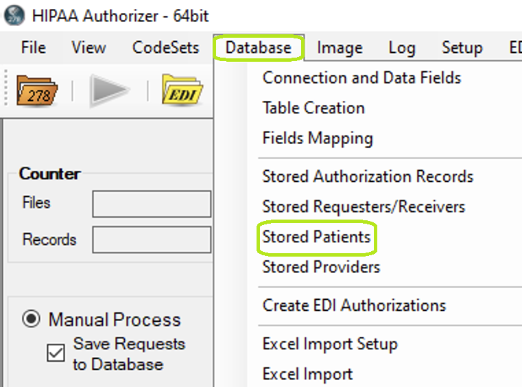 "Stored Patients" under "Database" in the main menu.