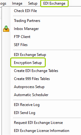 The "Encryption Setup" option is under the "EDI Exchange" tab.
