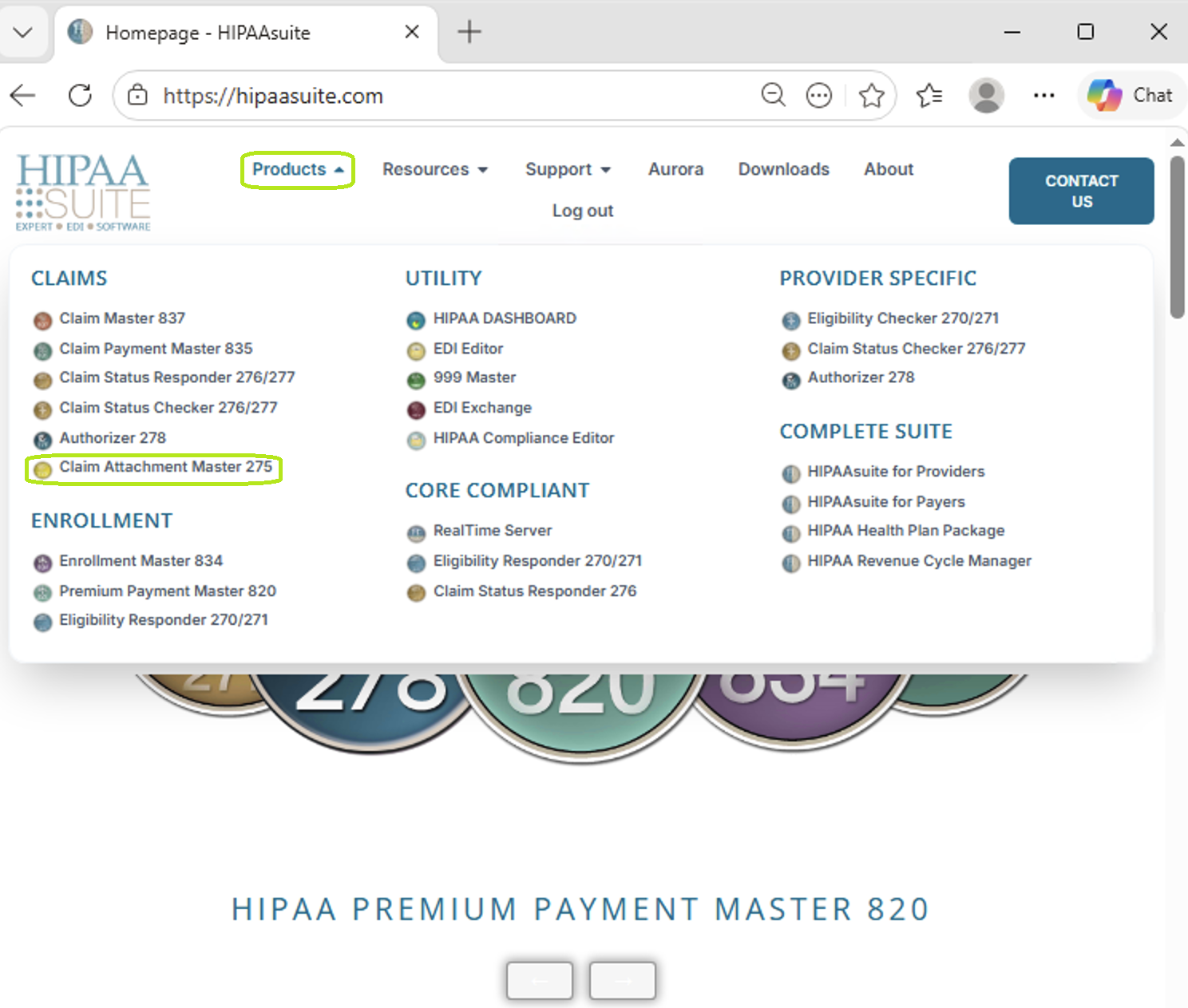The "Claim Attachment Master 275" option is under the Products drop-down menu. The "Claim Attachment Master 275" option is under the Products drop-down menu.