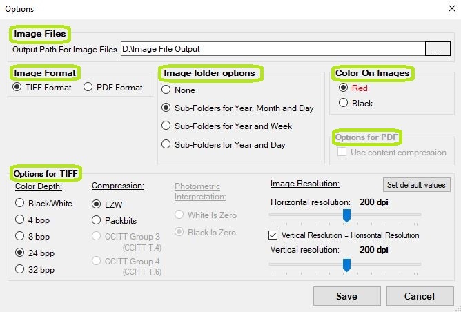 The "Image File Options" window. The "Image File Options" window.
