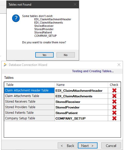If the tables do not exist in the database, you can create them by clicking "Yes."