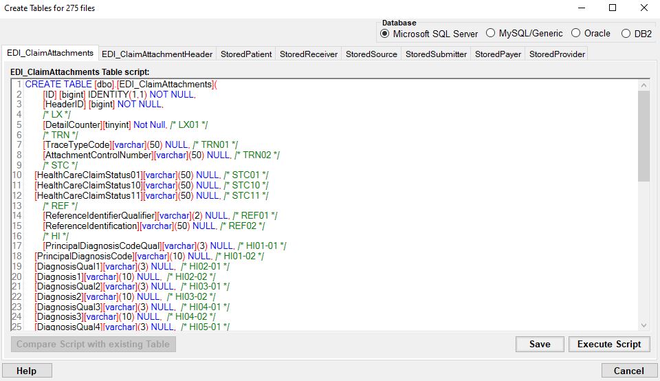 The "Create SQL Tables" window. The "Create SQL Tables" window.
