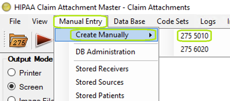 "Manual Entry - Create 275 5010." "Manual Entry - Create 275 5010."