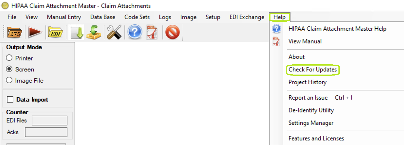 The "Check for Updates" option is under the "Help" drop-down menu.