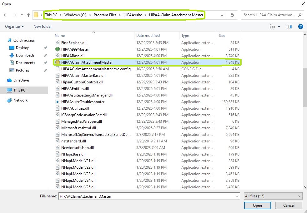 The path to the HIPAA Claim Attachment Master application folder. The path to the HIPAA Claim Attachment Master application folder.