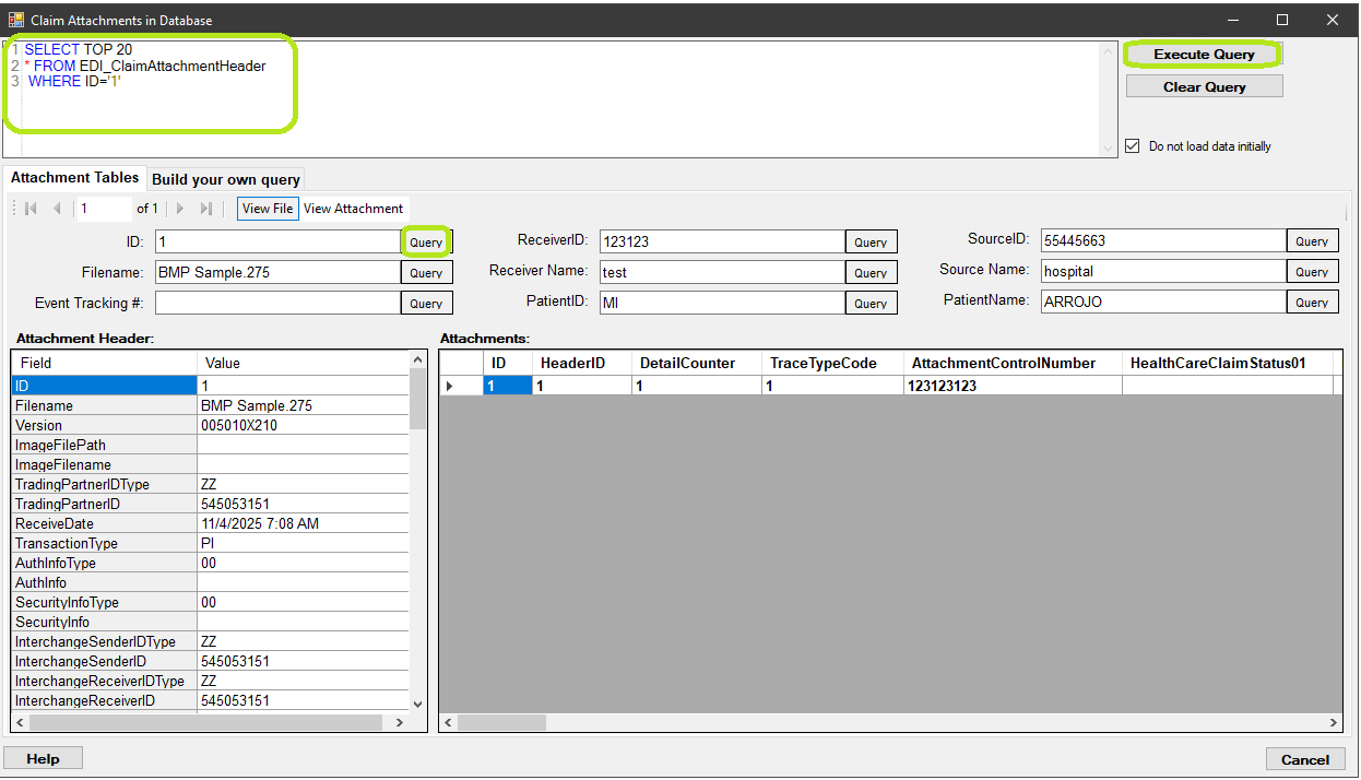 The "Claim Attachments in Database" window is showing a Claim Attachment from the database. The "Claim Attachments in Database" window is showing a Claim Attachment from the database.