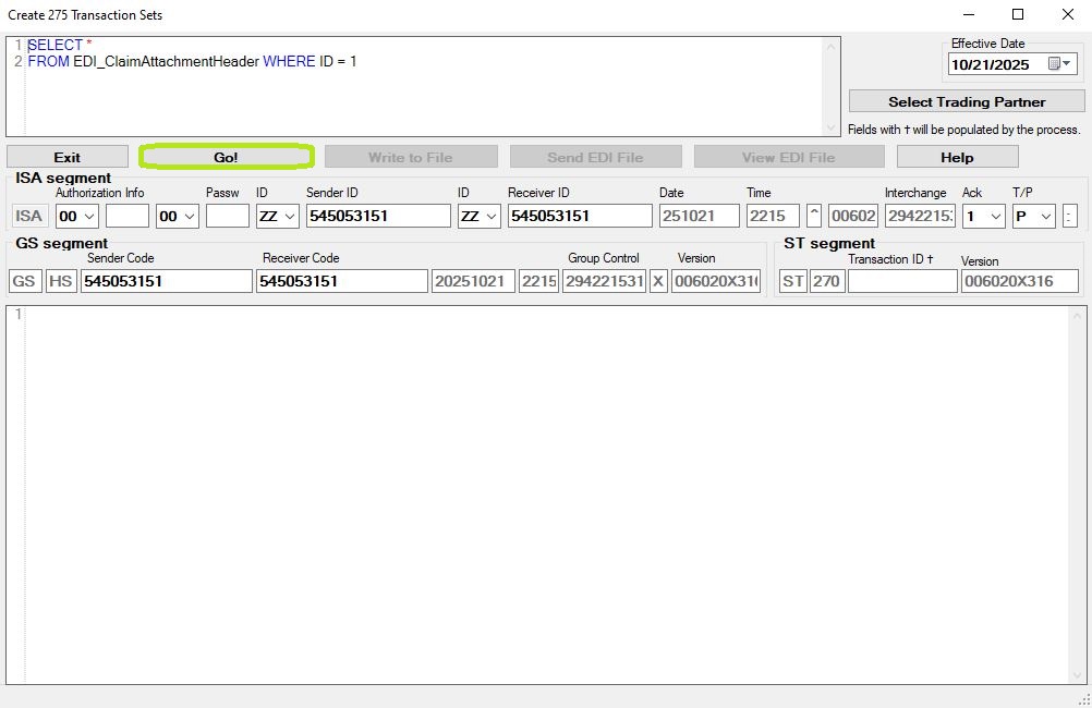 Click the "Go!" button to create the 275 EDI files. Click the "Go!" button to create the 275 EDI files.