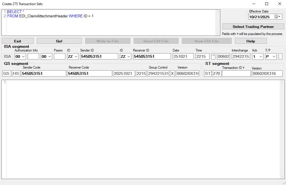 The "Create 275 Transaction Sets" window. The "Create 275 Transaction Sets" window.