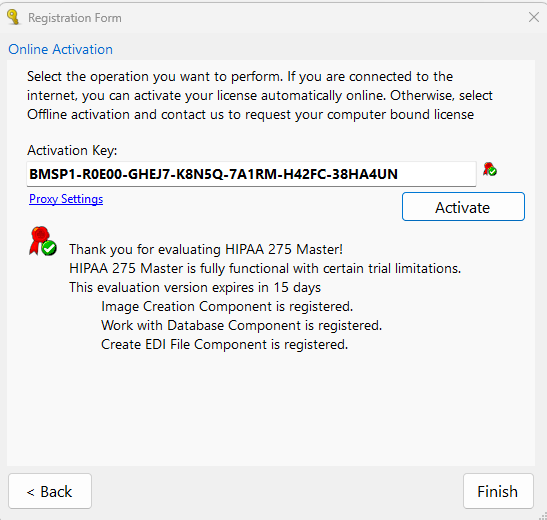 The "Registration Form" window with a successful key activation for a trial renewal. The "Registration Form" window with a successful key activation for a trial renewal.