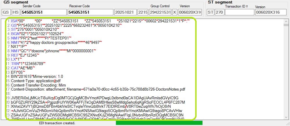 The EDI file content displayed. The EDI file content displayed.