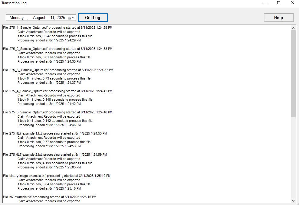 The "Transaction Log" window with results. The "Transaction Log" window with results.