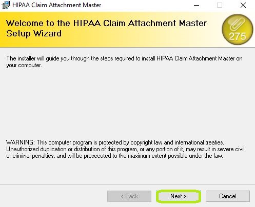 The "HIPAA Claim Attachment Master" window with the setup wizard.
