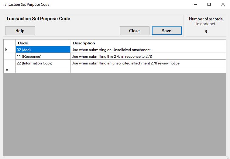 The "Transaction Set Purpose Code" code set window.