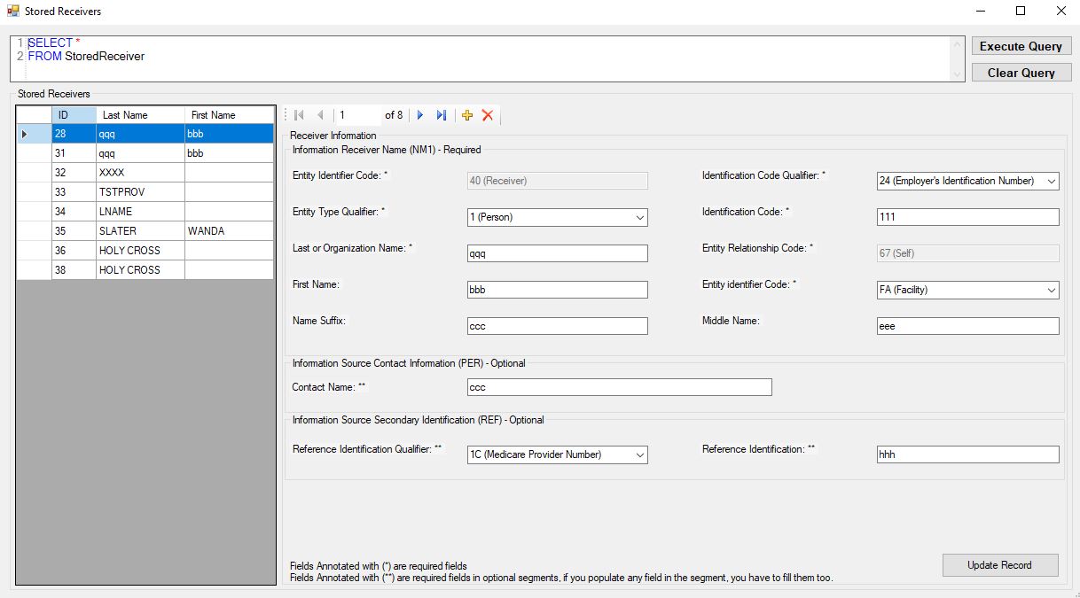 Stored Receiver editing screen. Stored Receiver editing screen.
