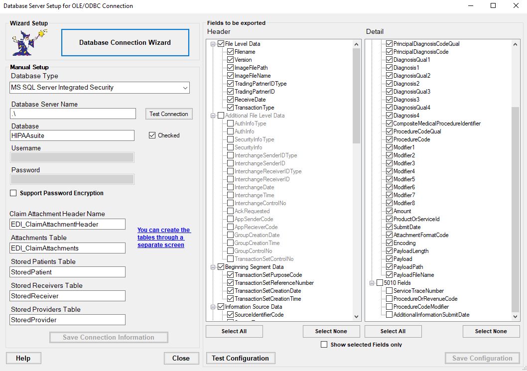 The "Database Server Setup for OLE/ODBC Connection" window. The "Database Server Setup for OLE/ODBC Connection" window.