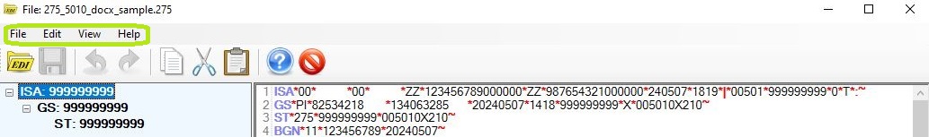 The "Tab Menu Bar" in the "EDI Editor" window. The "Tab Menu Bar" in the "EDI Editor" window.