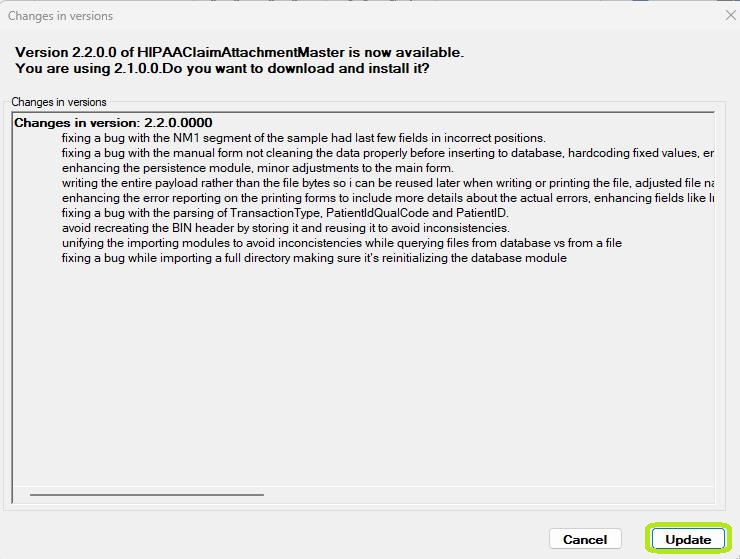 The "Changes in Versions" window.