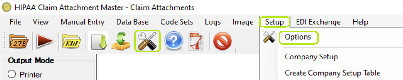 The "Setup" menu and "Options" button.