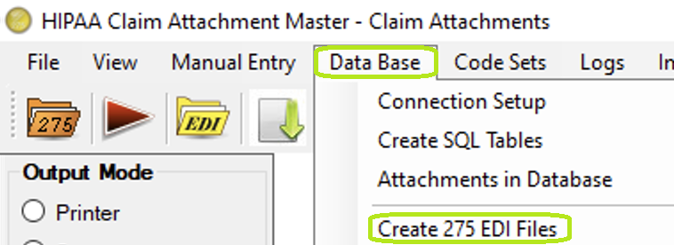 The "Create 275 EDI Files" optionis under the "Data Base" tab. The "Create 275 EDI Files" optionis under the "Data Base" tab.