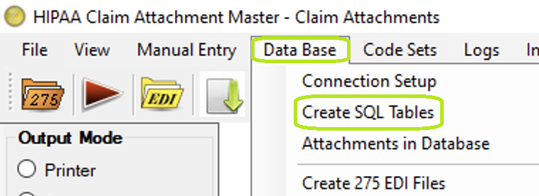 The "Create SQL Tables" menu. The "Create SQL Tables" menu.