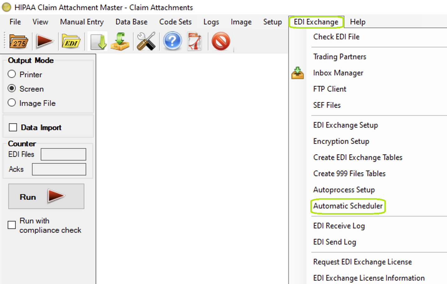 The "Automatic Scheduler" option is under the EDI Exchange tab. The "Automatic Scheduler" option is under the EDI Exchange tab.