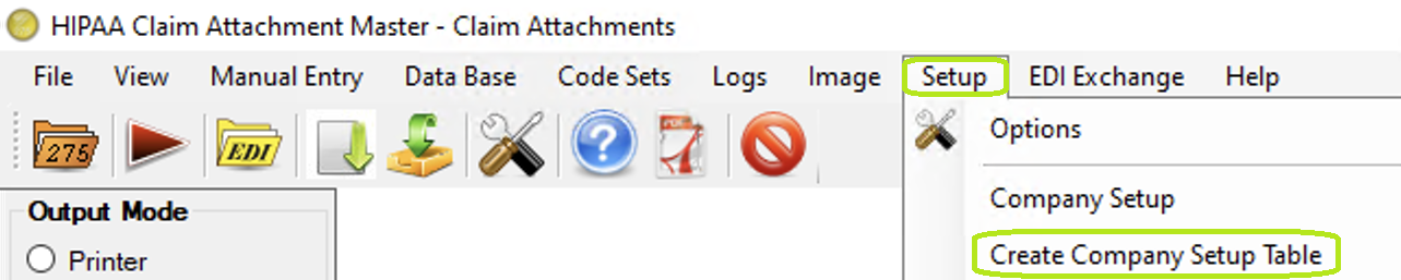 The "Setup" menu and "Create Company Setup Table" button. The "Setup" menu and "Create Company Setup Table" button.
