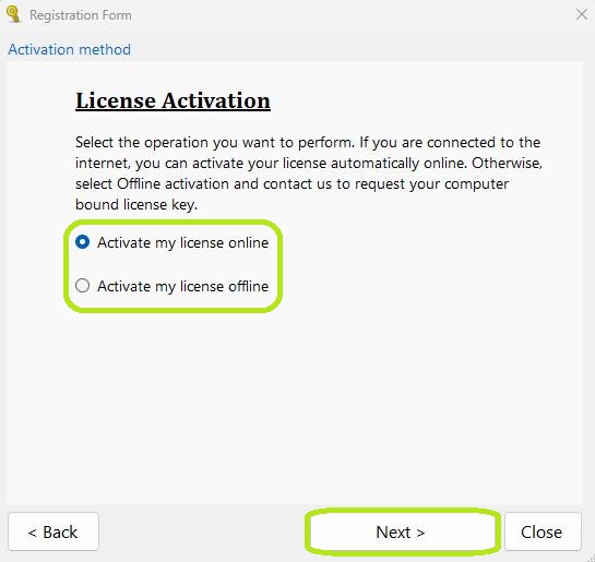 Choose between online or offline activation. Choose between online or offline activation.