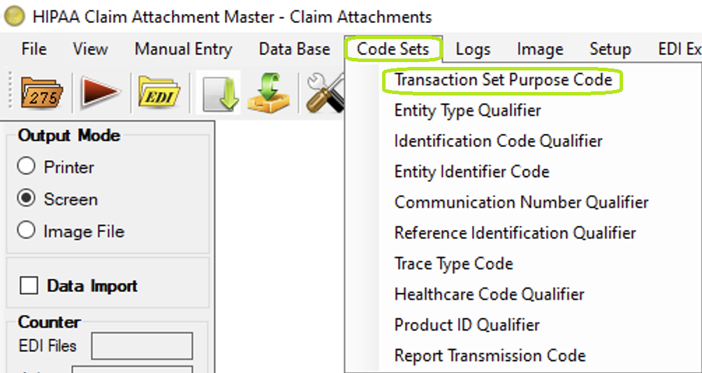 The "Transaction Set Purpose Code" option.