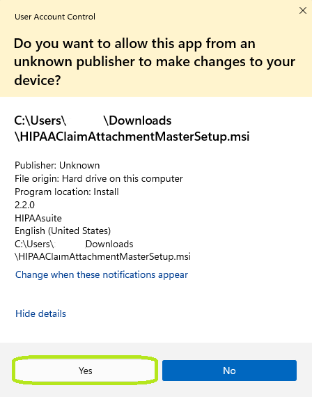 "Unknown Publisher" pop-up.