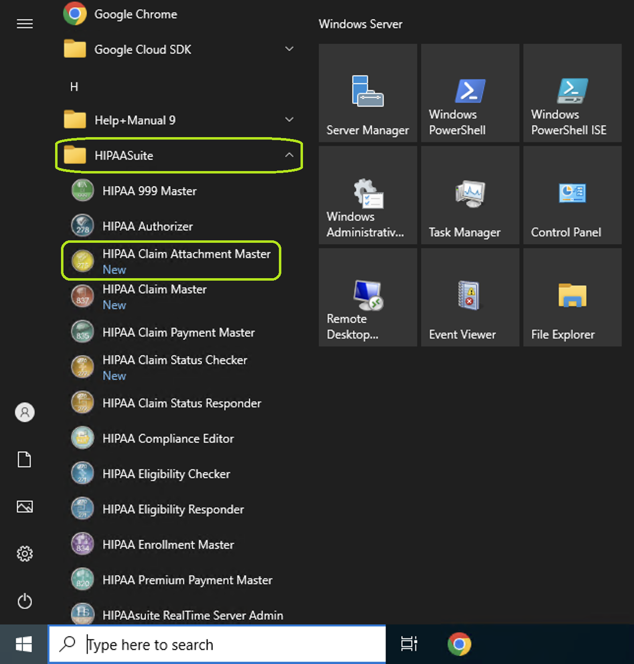 The HIPAA Claim Attachment Master application is launched from the "Start" menu. The HIPAA Claim Attachment Master application is launched from the "Start" menu.