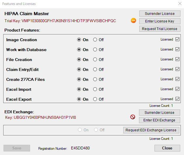 The "Features and Licenses" window provides different options to customize the application and add-ons.