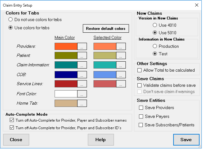 The "Claim Entry Setup" window.