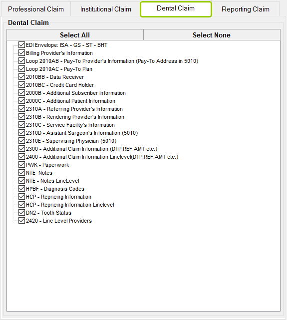The "Dental Claim" tab.